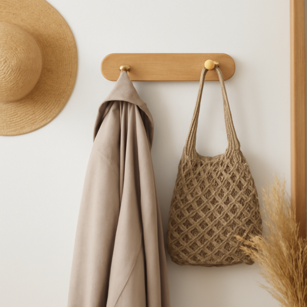 Stylish Wooden Wall Hooks with Brass Accents – Coat Hooks for Wall, Space-Saving Organizer for Coats, Keys, and Bags 0