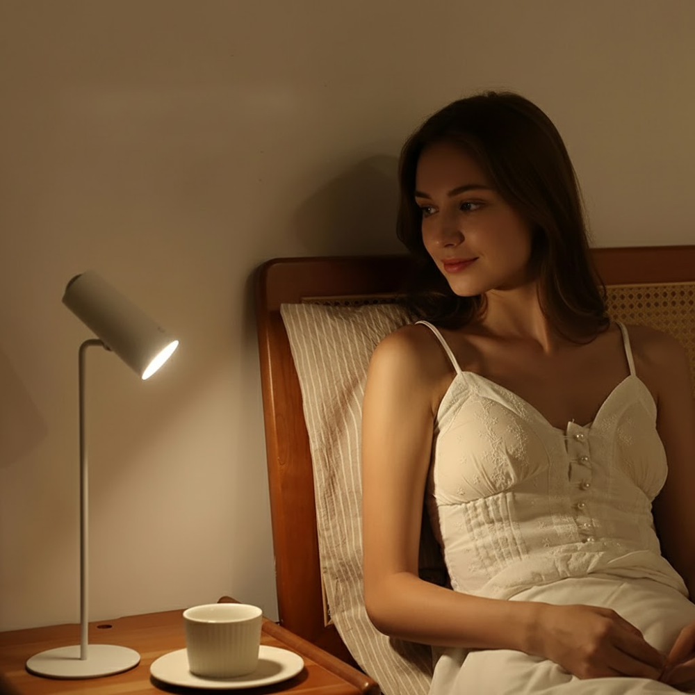 Woman in a white dress sitting in a chair next to a lamp and cup in a dimly lit room.