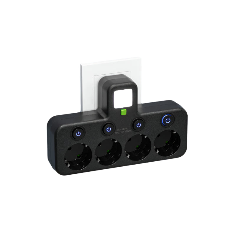 Black power strip with multiple outlets on a white background