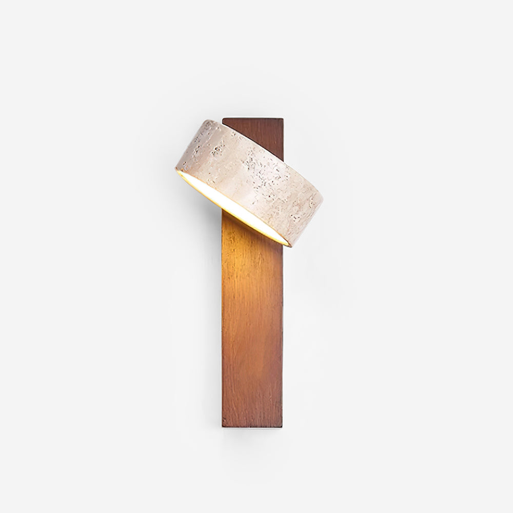 Modern wall lamp with wooden base and concrete-like shade on a white background