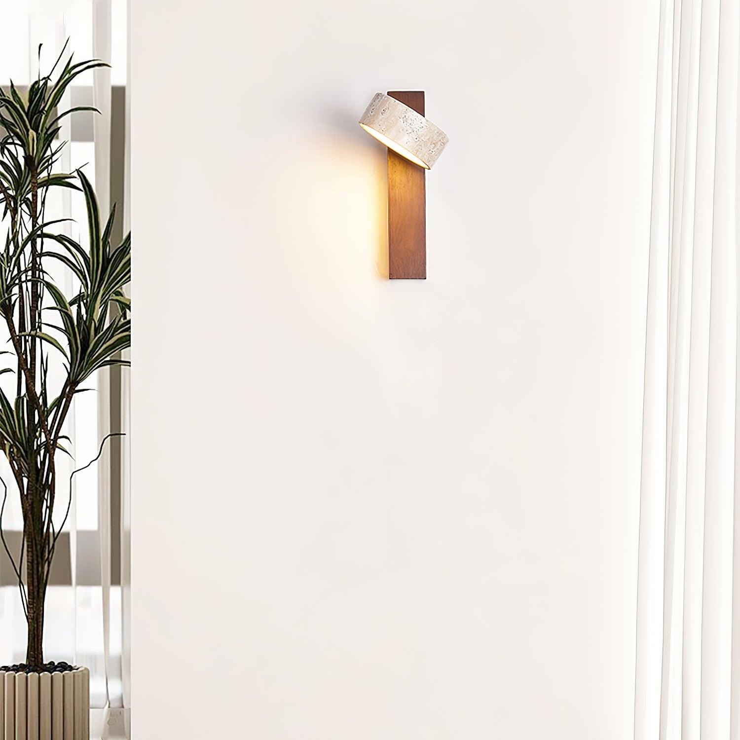 Modern wall-mounted light fixture on a white wall with a plant to the left.