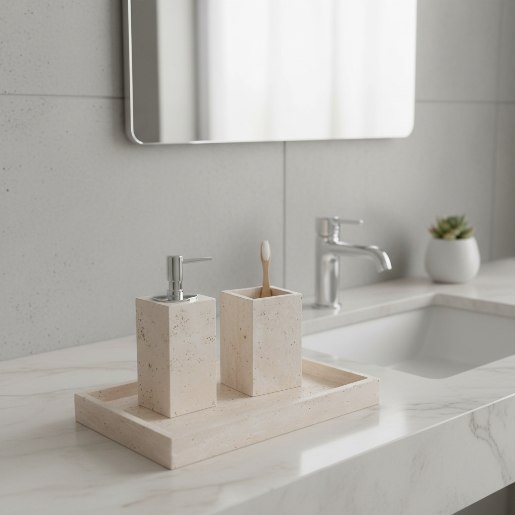 Travertine Marble Bathroom Accessories Set - Elegant Soap Dispenser, Toothbrush Holder & Tray in Beige Natural Stone 2
