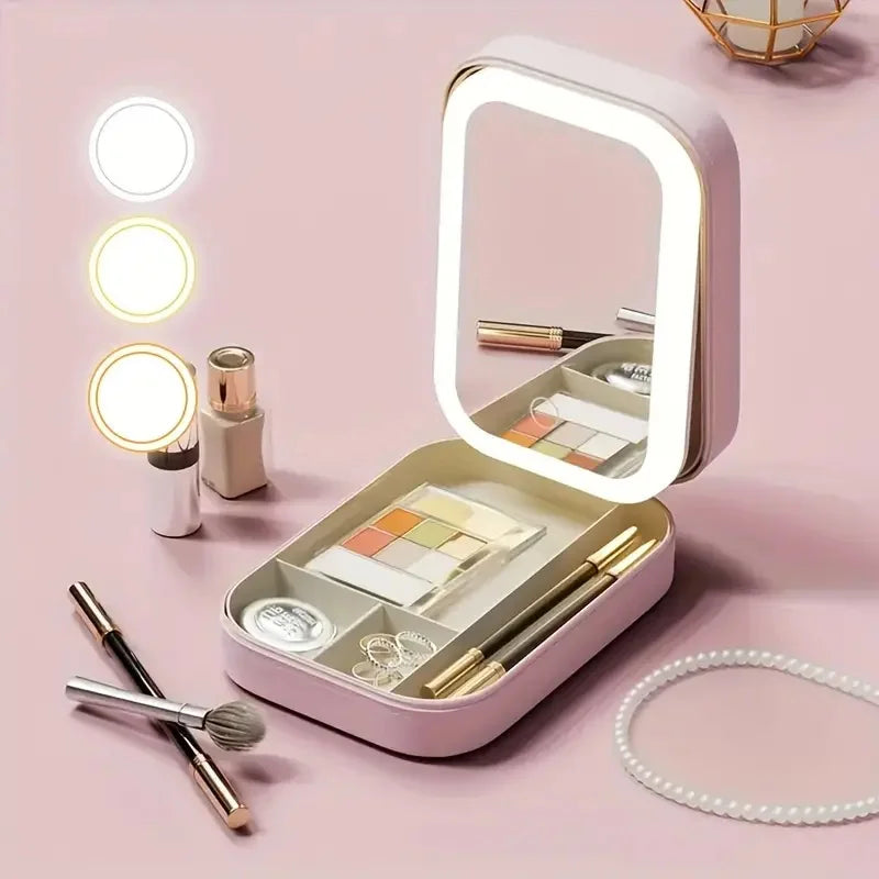 Tri-Color Adjustable Makeup Mirror with LED Lights – Compact PU Leather Case for Travel and Daily Use 0