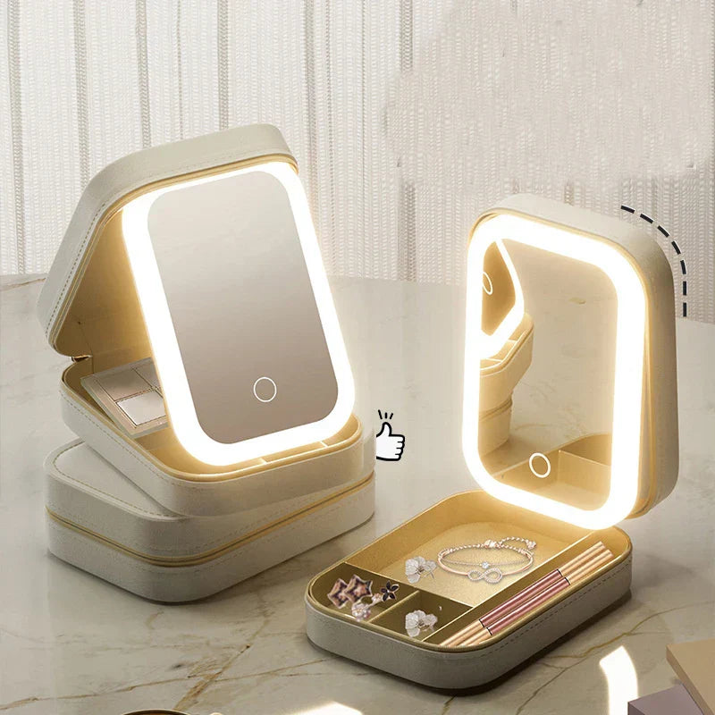 Tri-Color Adjustable Makeup Mirror with LED Lights – Compact PU Leather Case for Travel and Daily Use 1