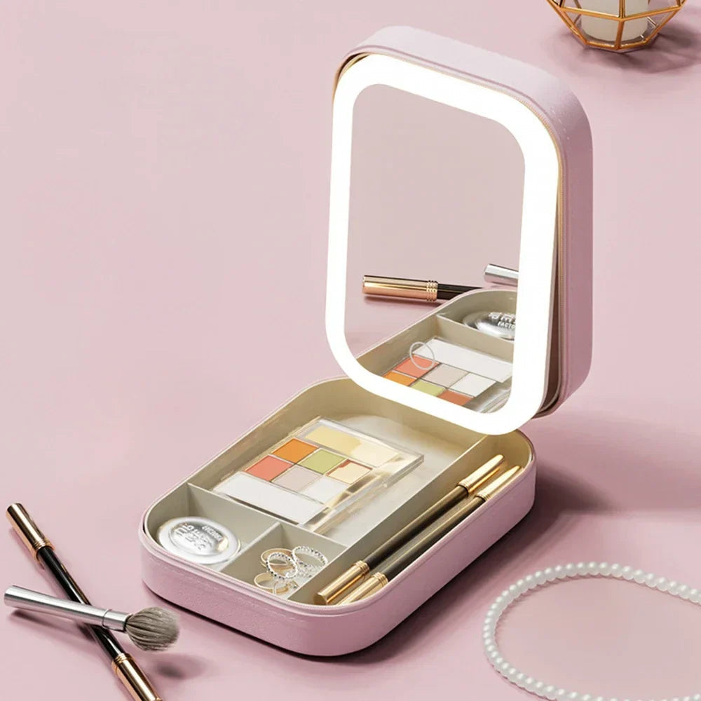 Tri-Color Adjustable Makeup Mirror with LED Lights – Compact PU Leather Case for Travel and Daily Use 6