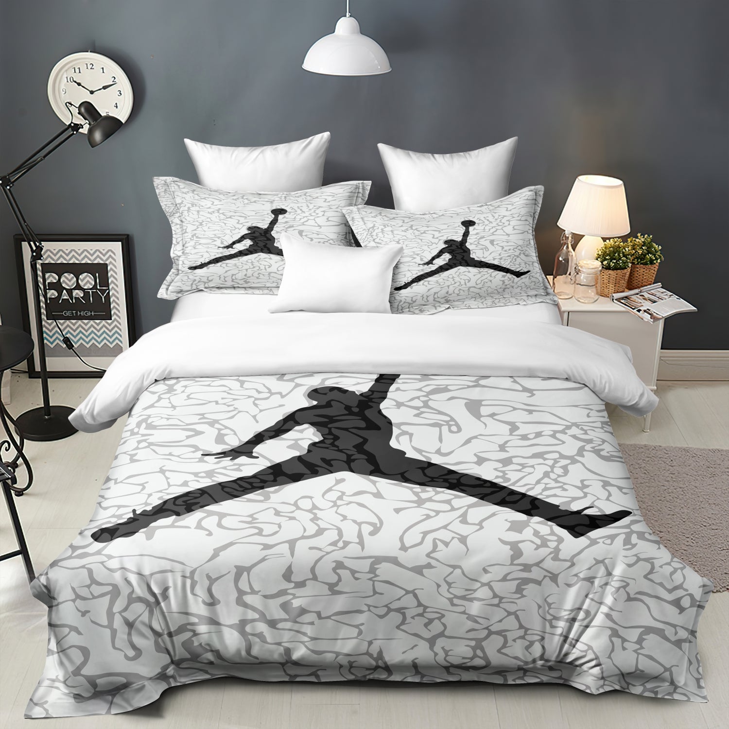 Bedding set with Jordan logo in a bedroom setting