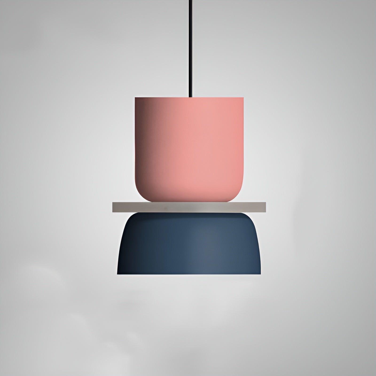 Pink and blue pendant light fixture on a gray background