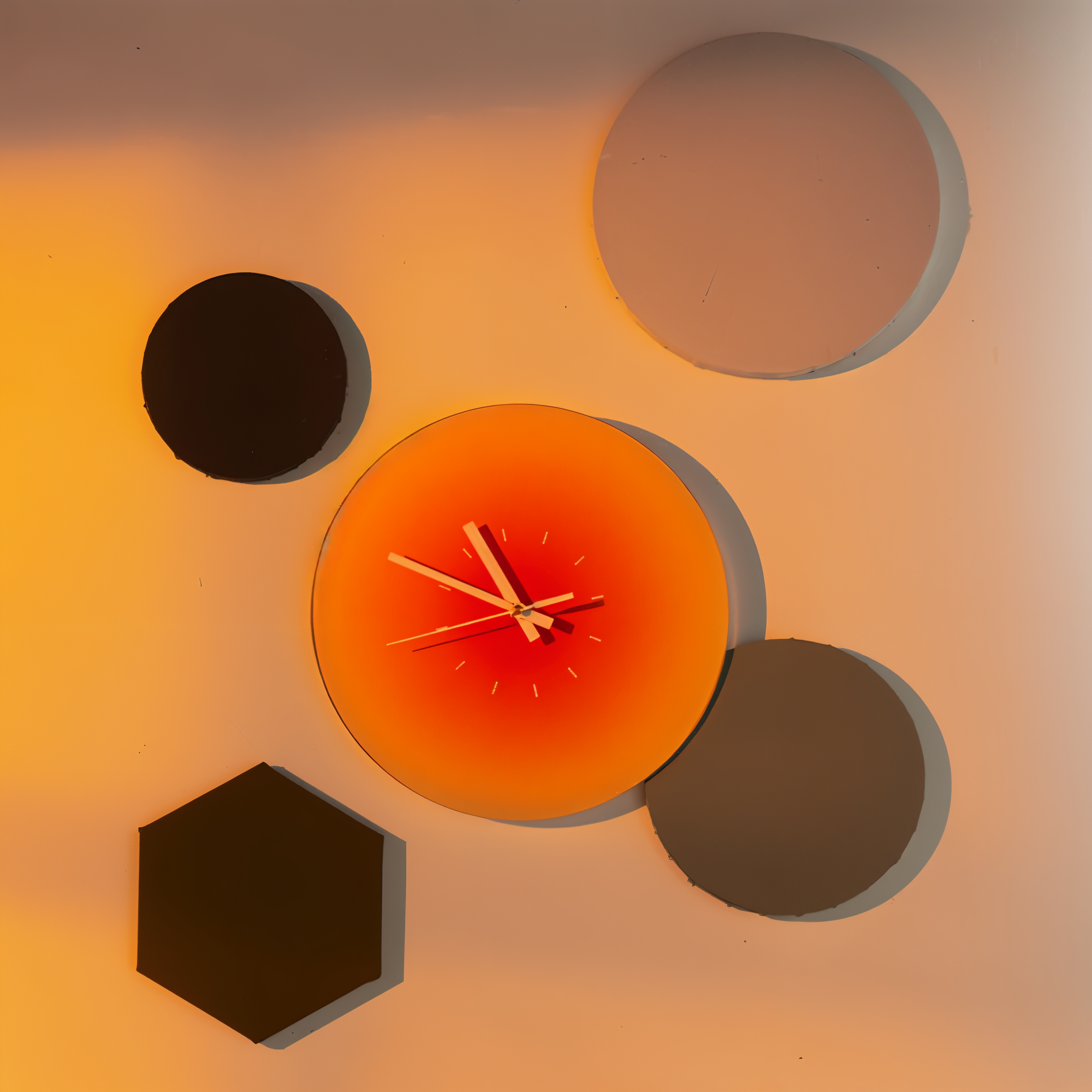 Orange clock with geometric shapes on a warm-toned background