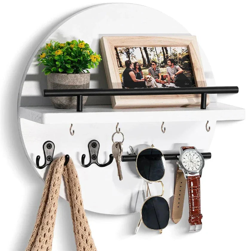 Wall-Mounted Wooden Key Holder with Shelf and Hooks – Round Design for Entryway Organization 4