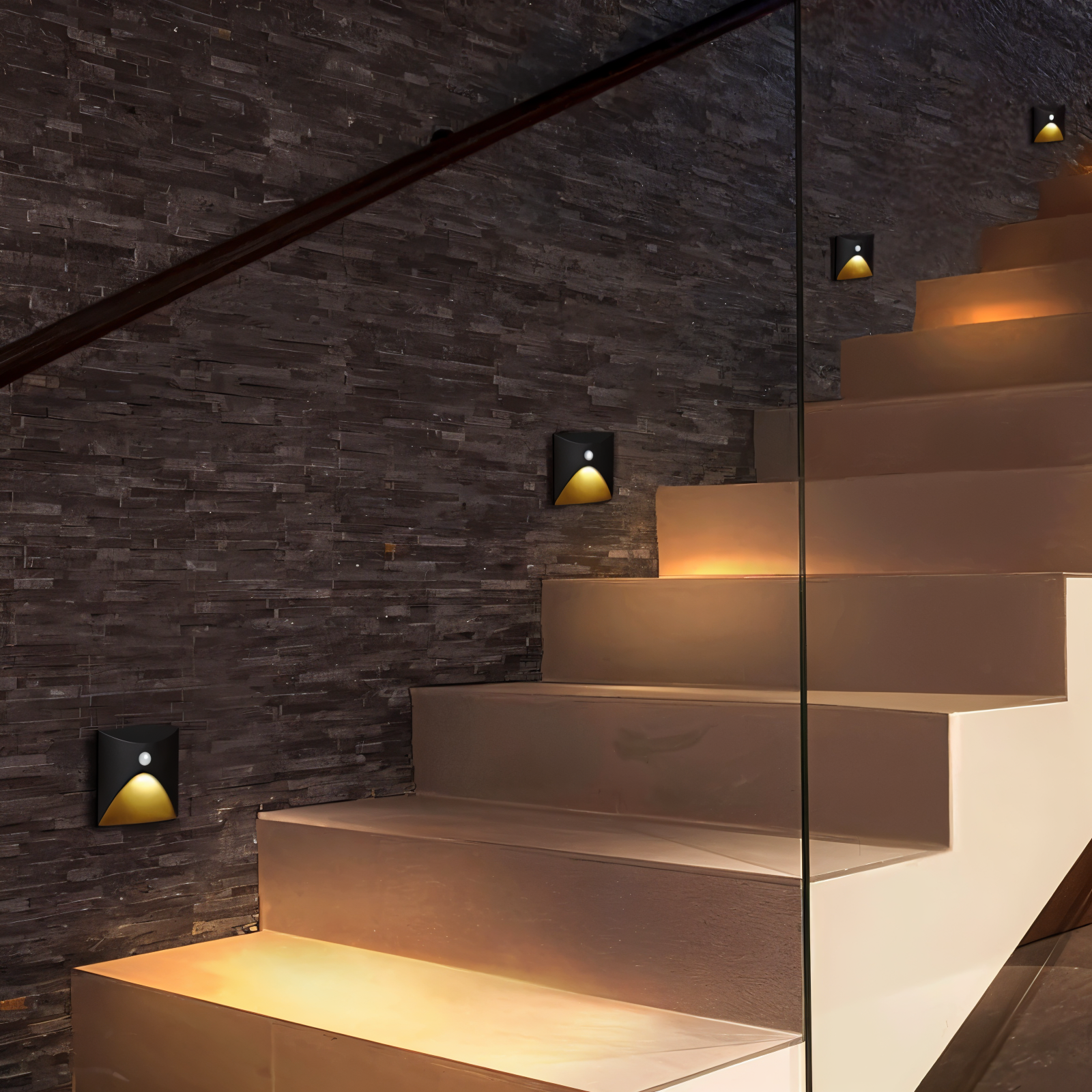 Staircase with wall-mounted lights in a modern interior setting