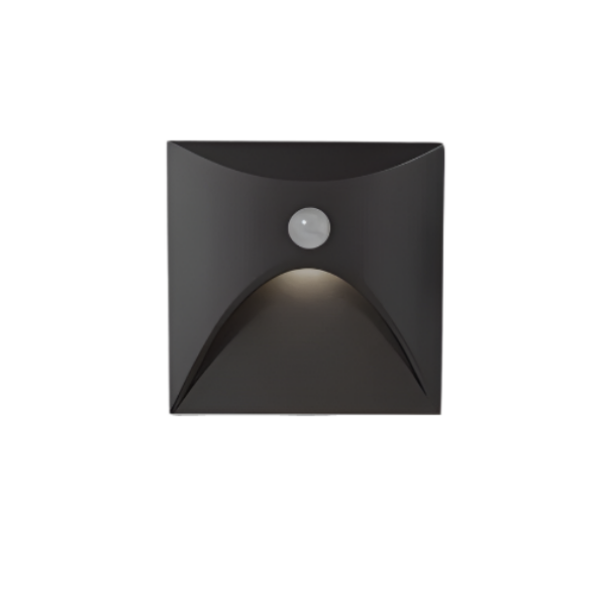 Black outdoor wall light fixture with motion sensor on a white background