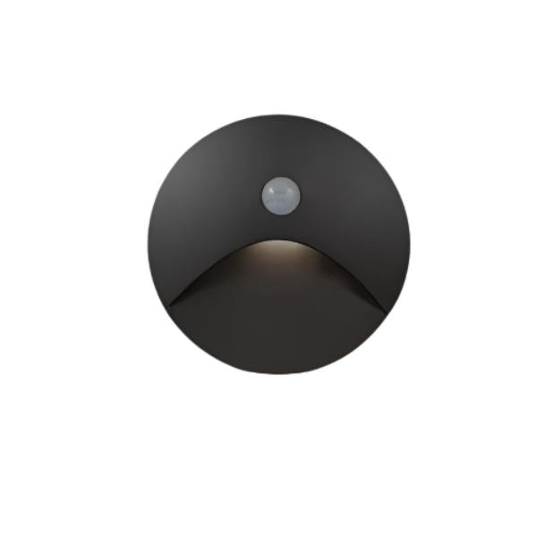 Black outdoor wall light with motion sensor on a white background