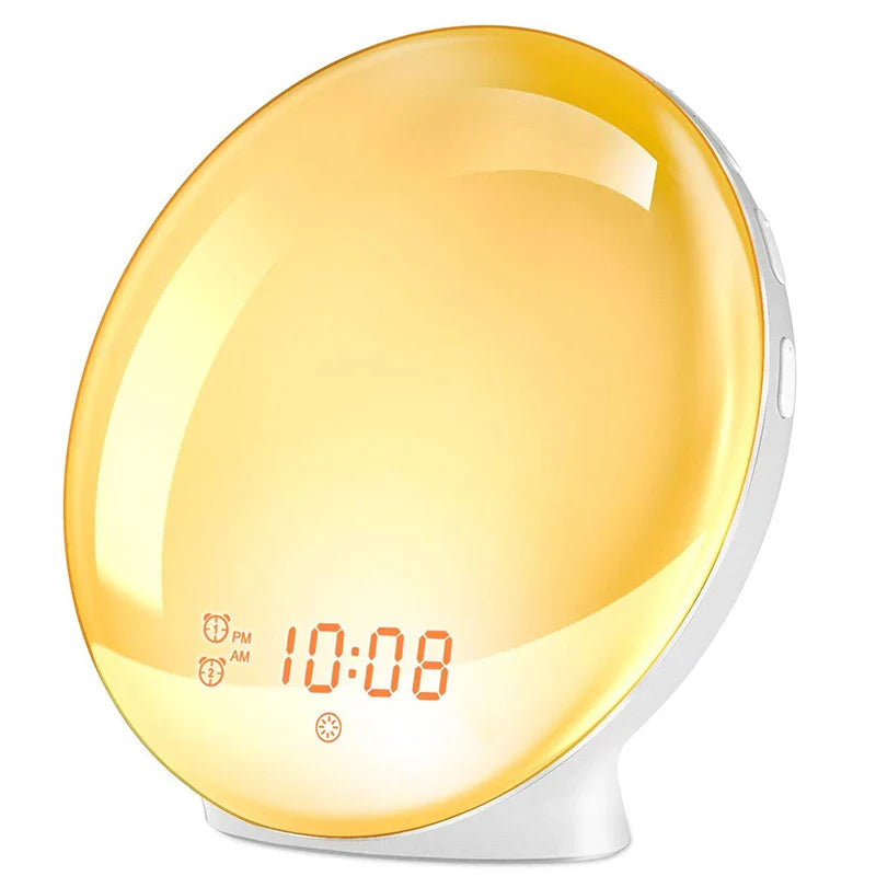 Yellow and white clock with digital display on a white background