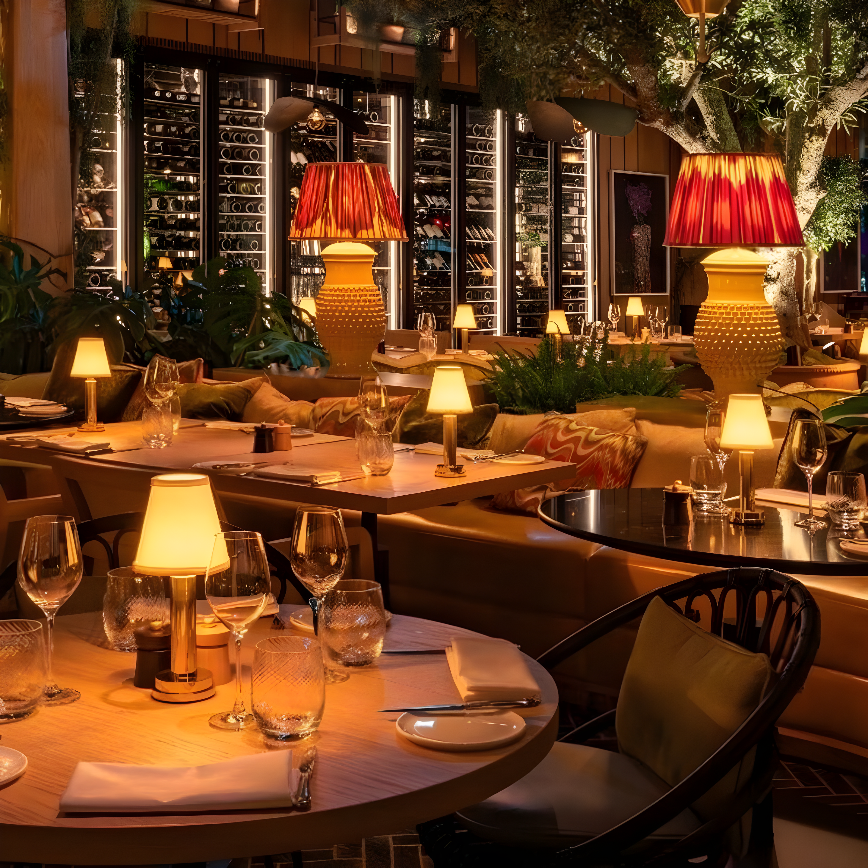 Dining area with tables, chairs, and wine bottles in a restaurant setting.