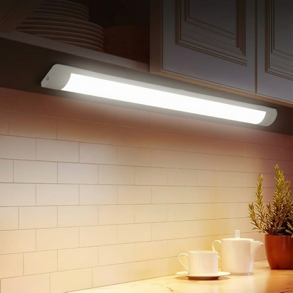 Under-cabinet light fixture in a kitchen setting with inset showing full kitchen view.