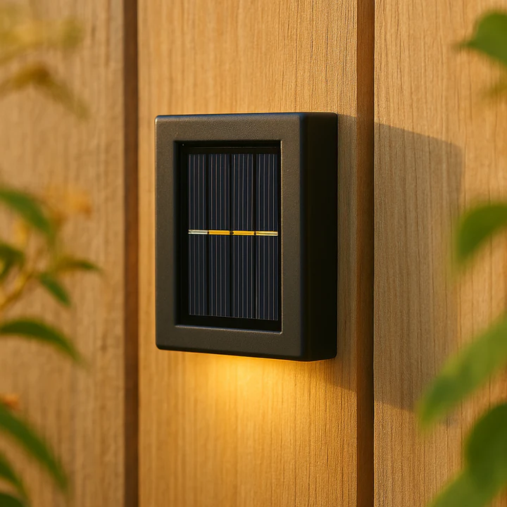 Solar-powered outdoor light fixture on a wooden wall with plants in the background