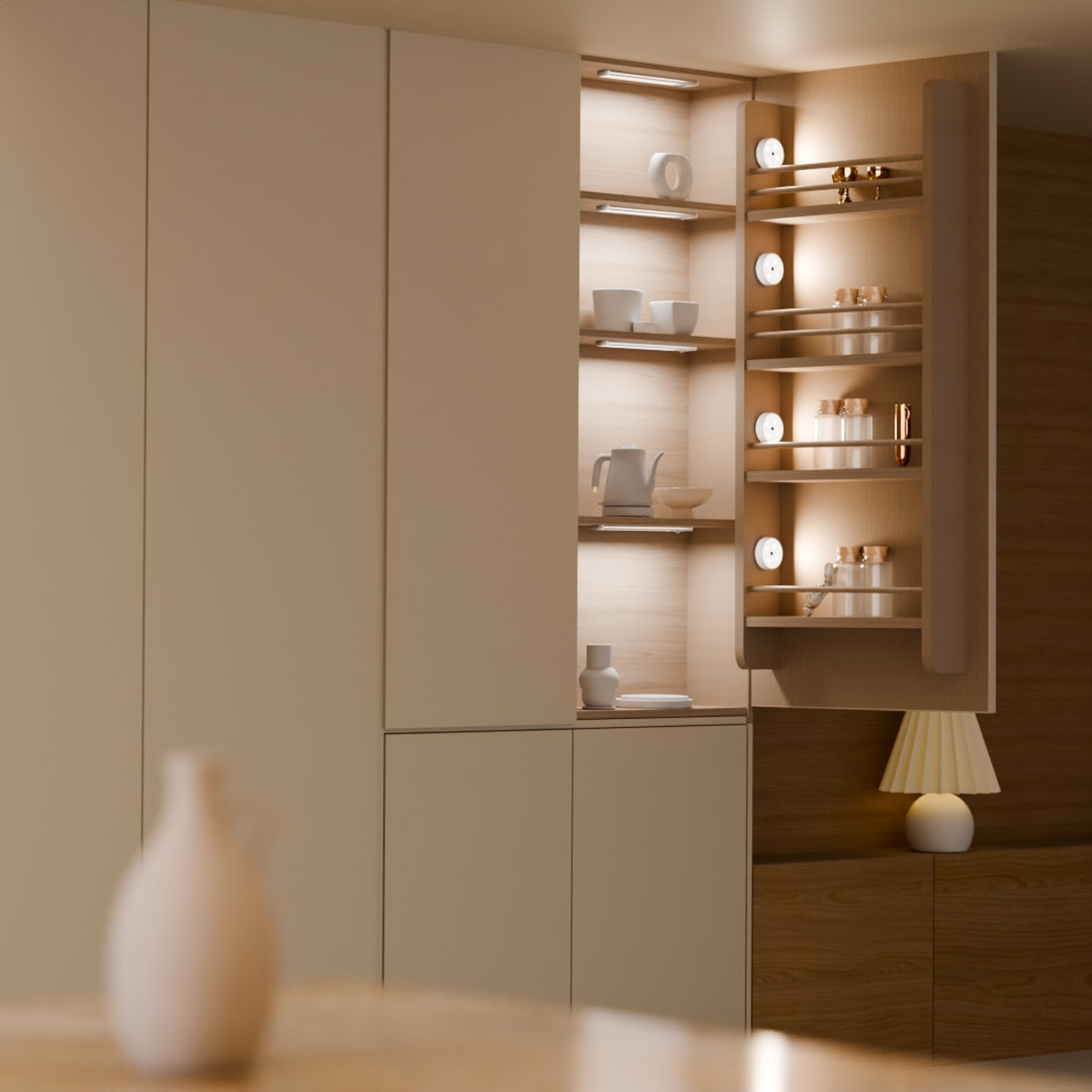 Modern kitchen cabinet with open shelves displaying kitchenware, softly lit.