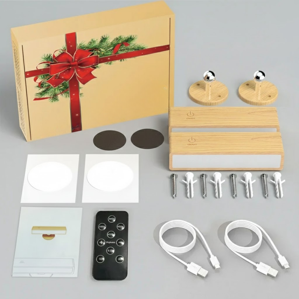 Set of items including a Christmas-themed box, wooden components, electronic parts, and cables on a gray background.