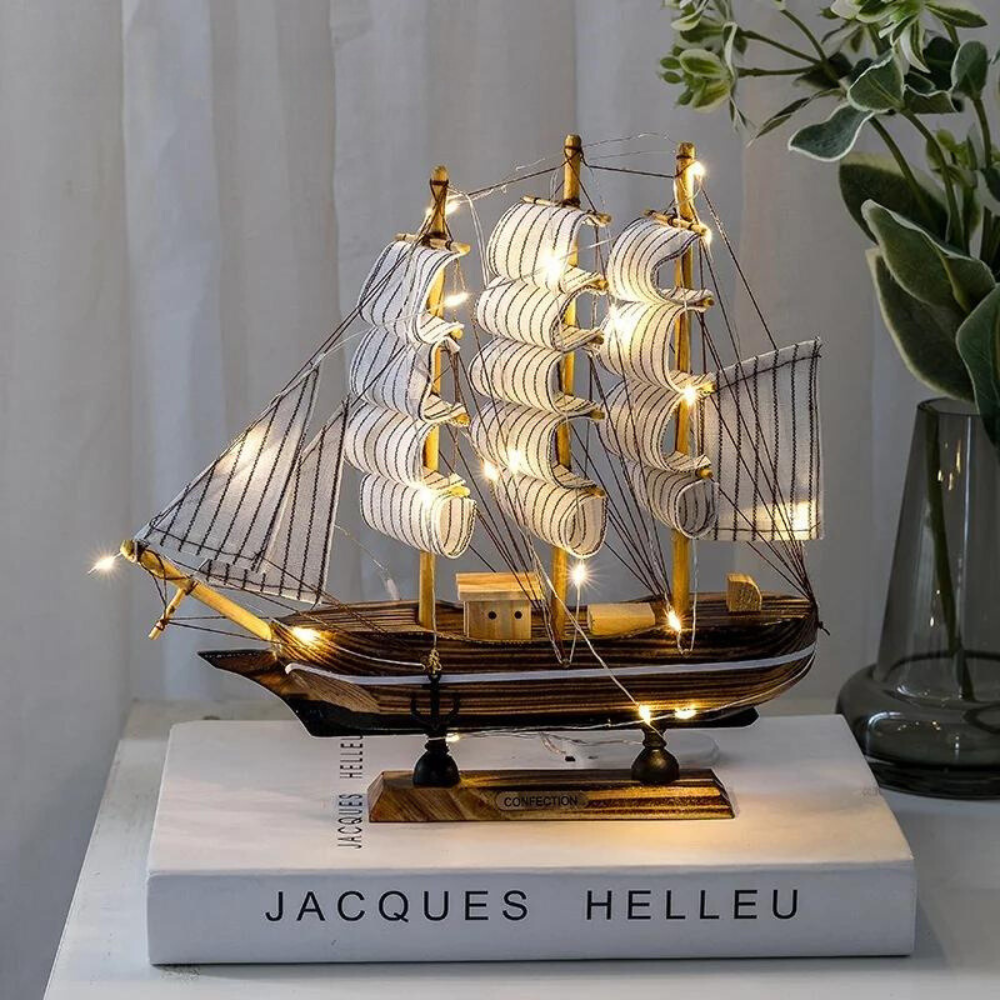 Wooden Sailboat Sculpture with LED Light – Nordic Home Decor Accent for Room Decor, Battery Operated Ambient Lighting 0