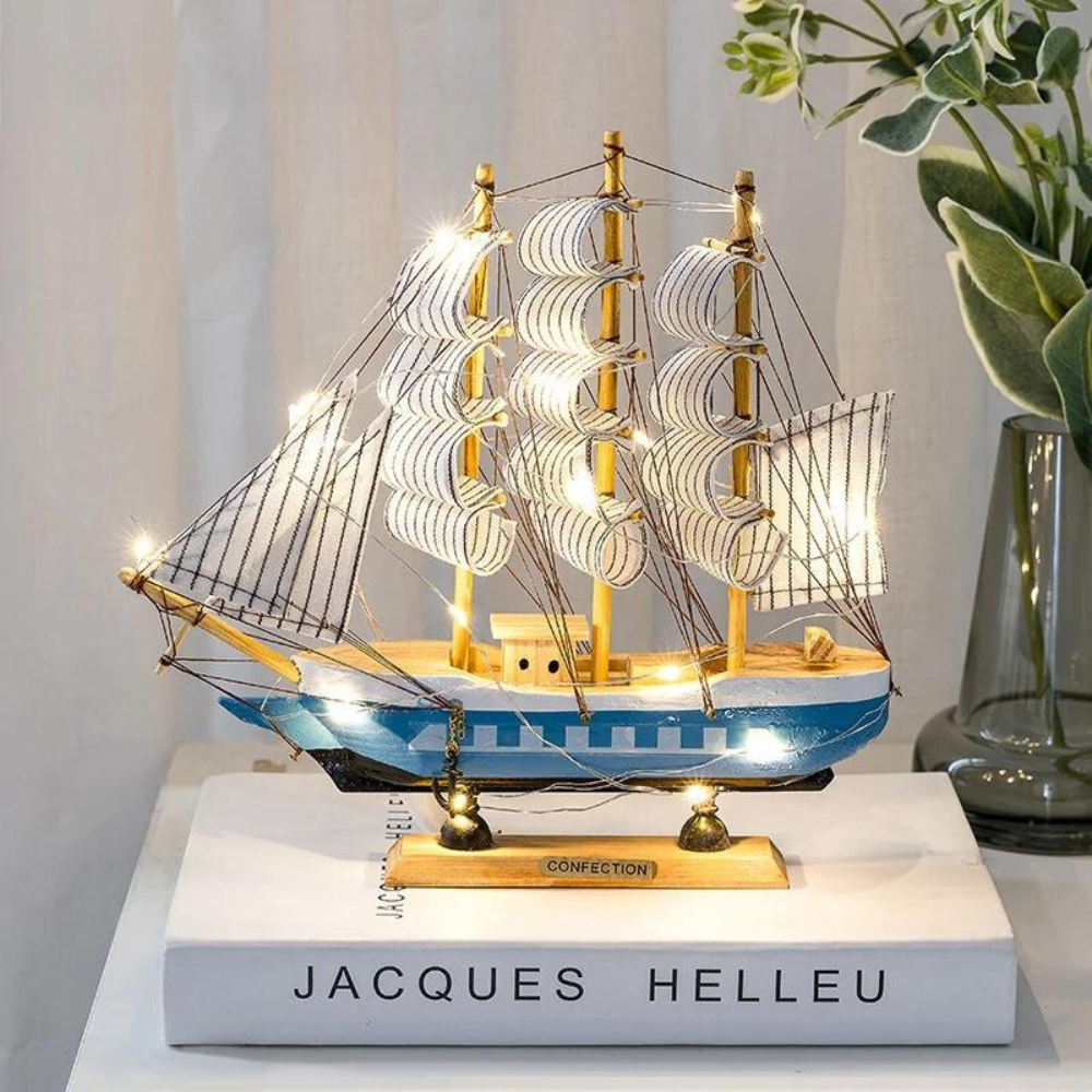 Wooden Sailboat Sculpture with LED Light – Nordic Home Decor Accent for Room Decor, Battery Operated Ambient Lighting 3