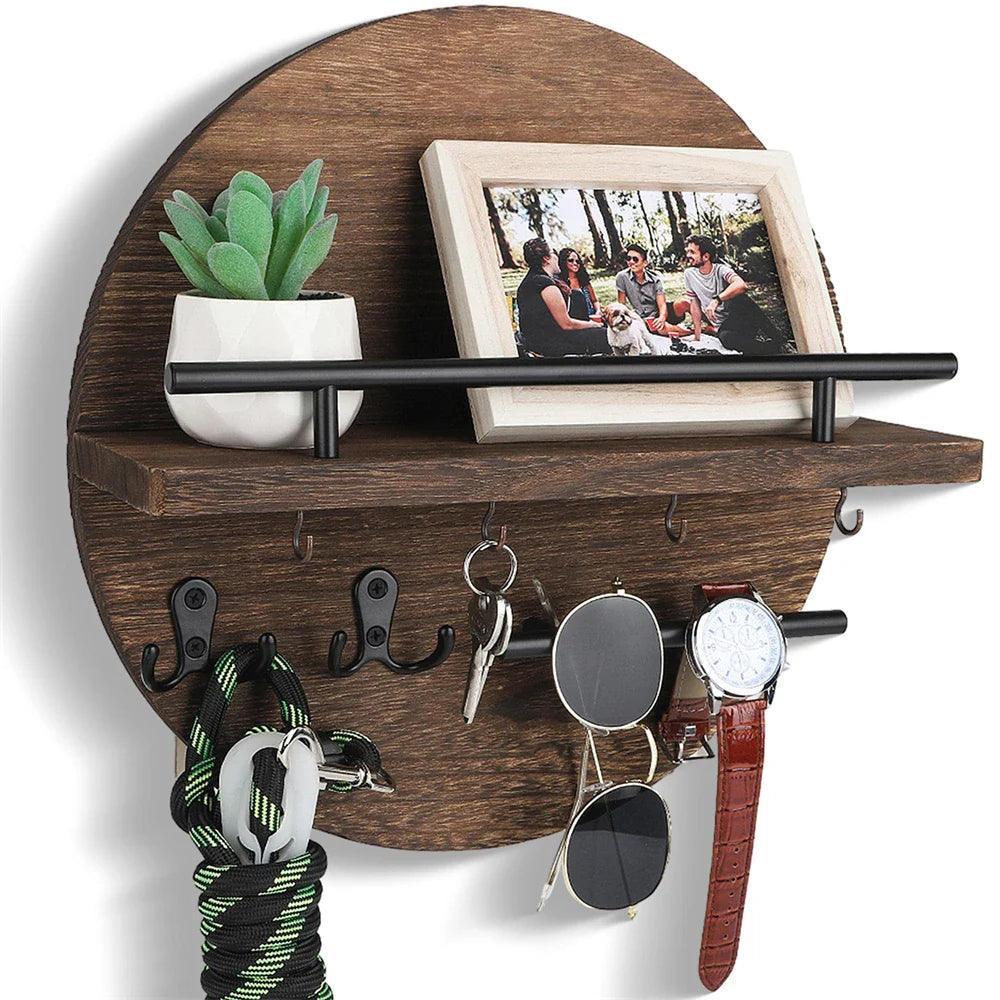 Wooden Wall Mounted Key Holder with Hooks and Shelf - Rustic Key Organiser for Entryway Storage 0