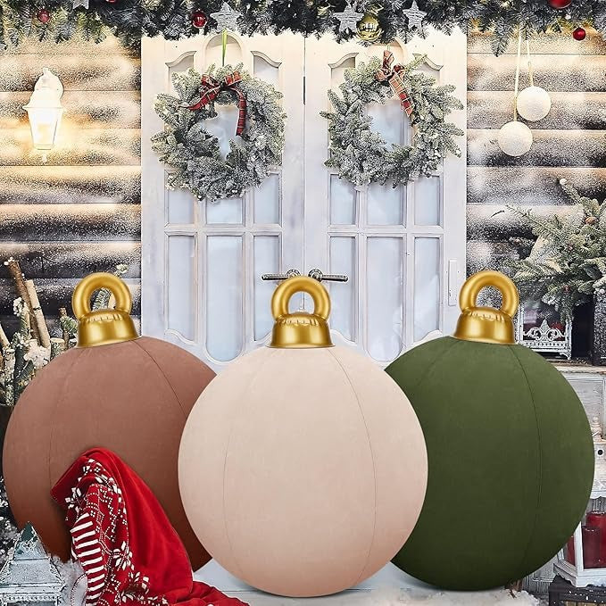 Three Christmas ornaments in brown, beige, and green with gold handles against a festive background.