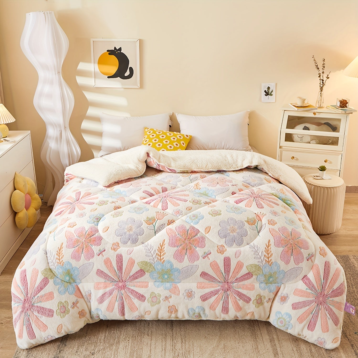 Bed with floral comforter in a bedroom setting