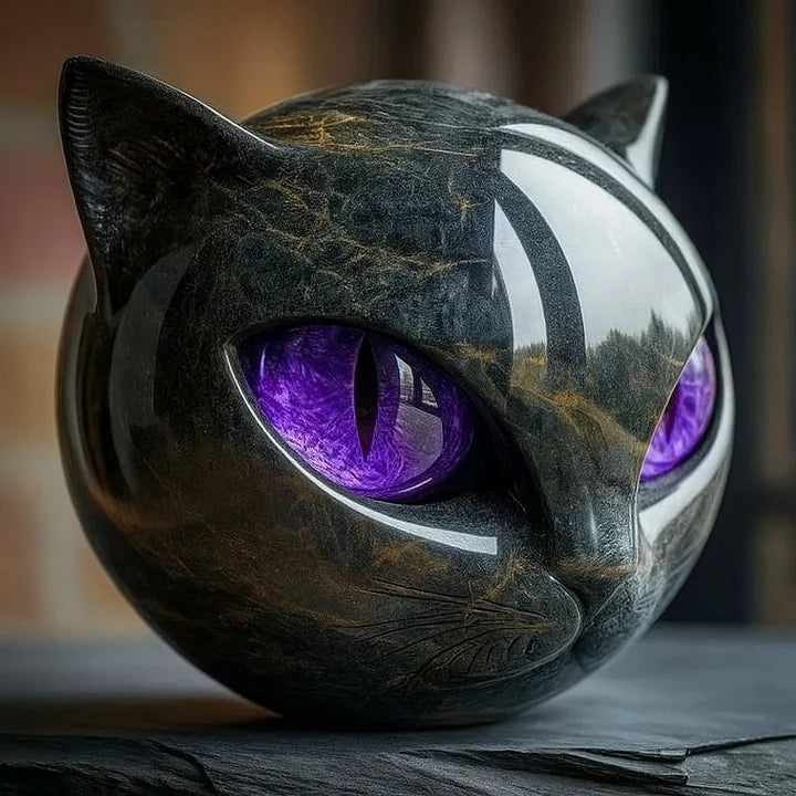 Black cat-shaped object with purple eyes on a dark surface
