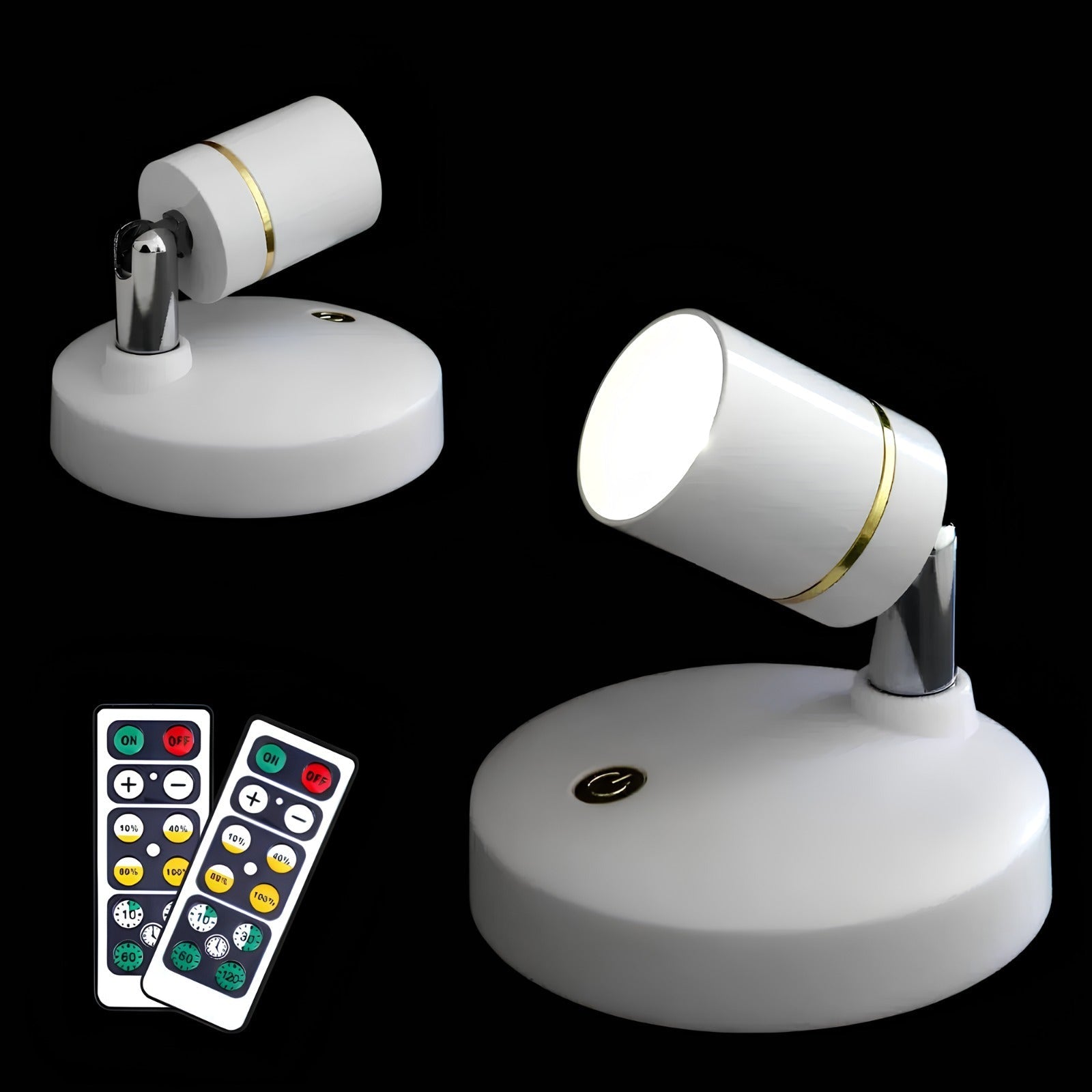 Two adjustable LED spotlights with remote controls on a black background