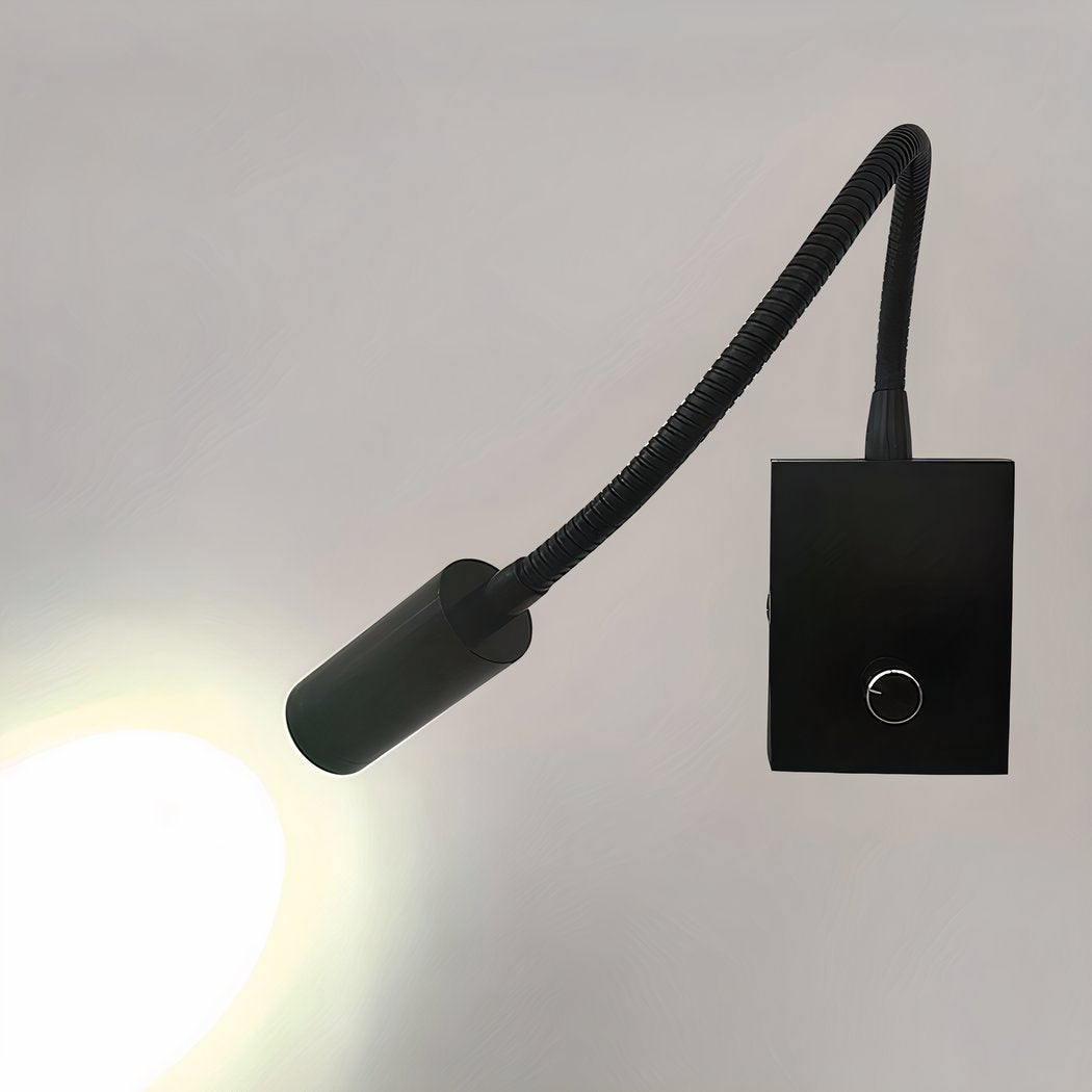 Black wall-mounted reading light with flexible arm on a white background