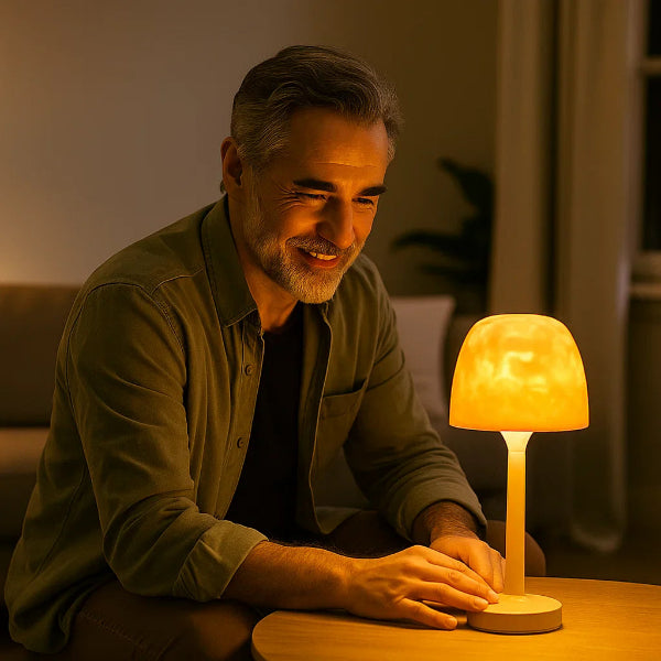 Man sitting at a table with a glowing lamp in a warm indoor setting
