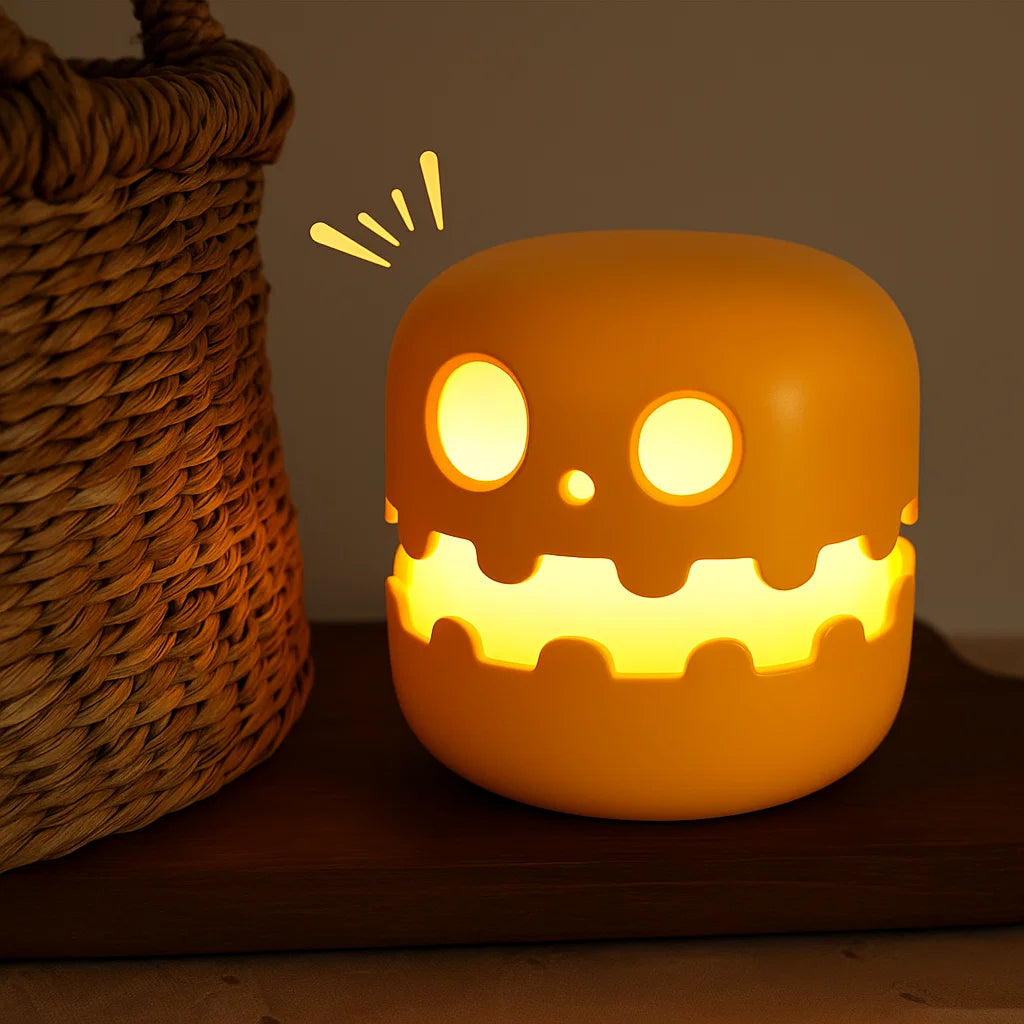 Ceramic jack-o'-lantern night light with a wicker basket on a wooden surface.