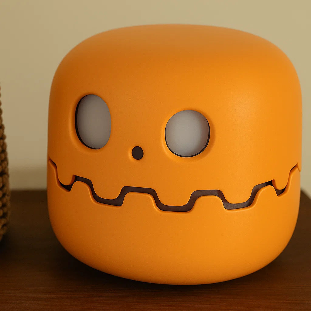 Orange cube-shaped object with cartoon-like face on a wooden surface.