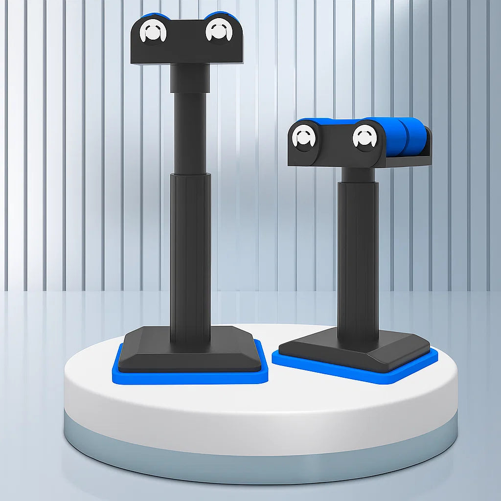 Two black stands with blue bases on a white platform against a light gray background