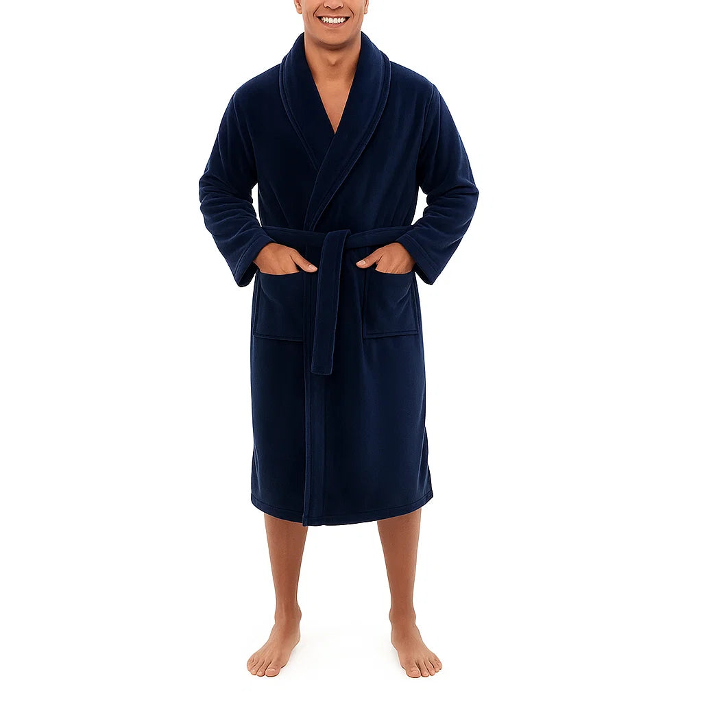 Man wearing a navy blue robe on a white background