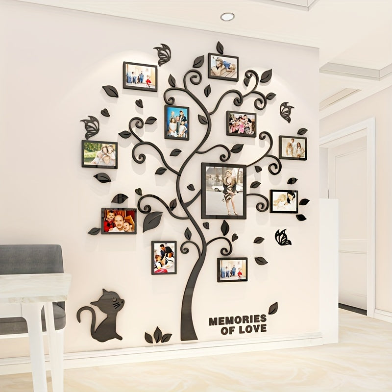 Wall decal of a tree with photo frames and 'Memories of Love' text in a room.