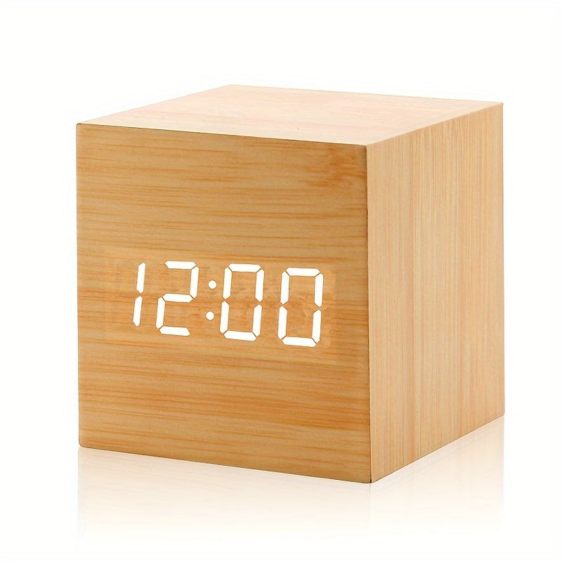 Wooden digital clock with LED display on a white background