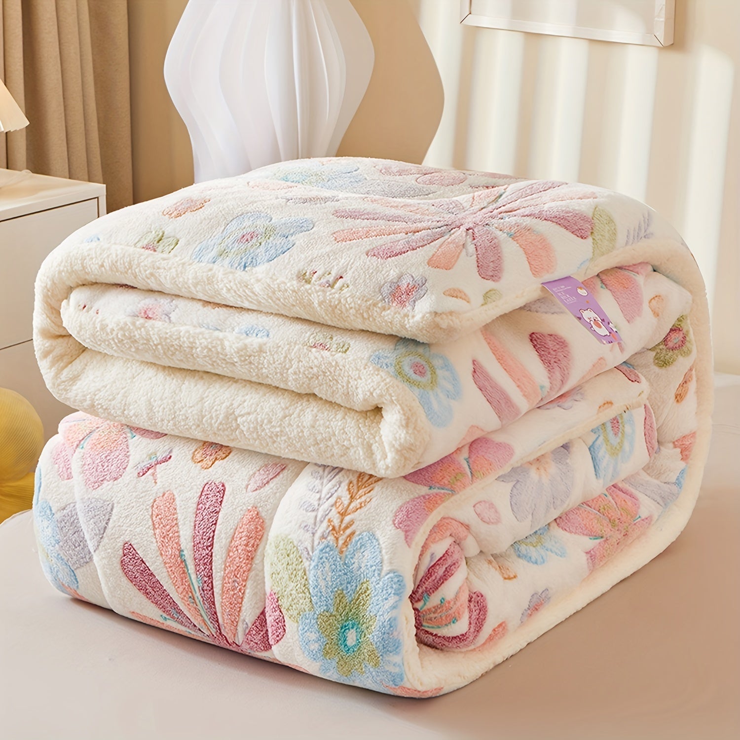 Floral patterned blanket on a chair with a neutral background