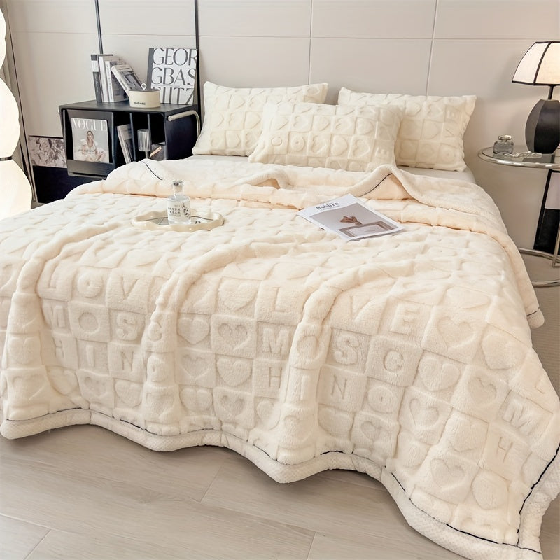 Beige quilt with letter pattern on a bed in a bedroom setting