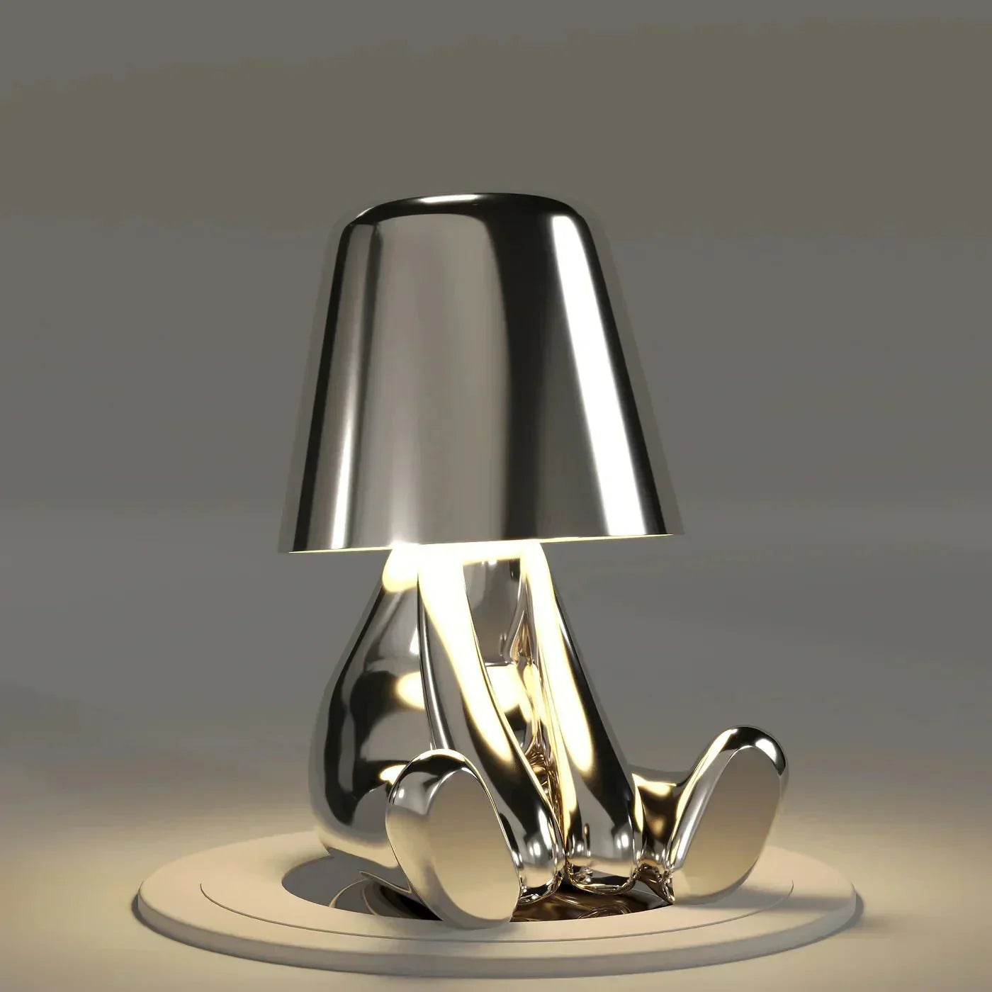 Chrome-finished lamp with a unique design on a neutral background