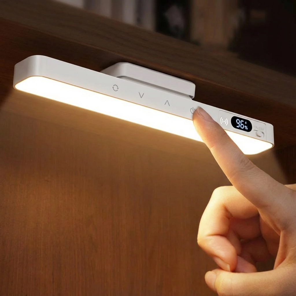 Hand holding a white LED desk lamp with digital display on a wooden surface