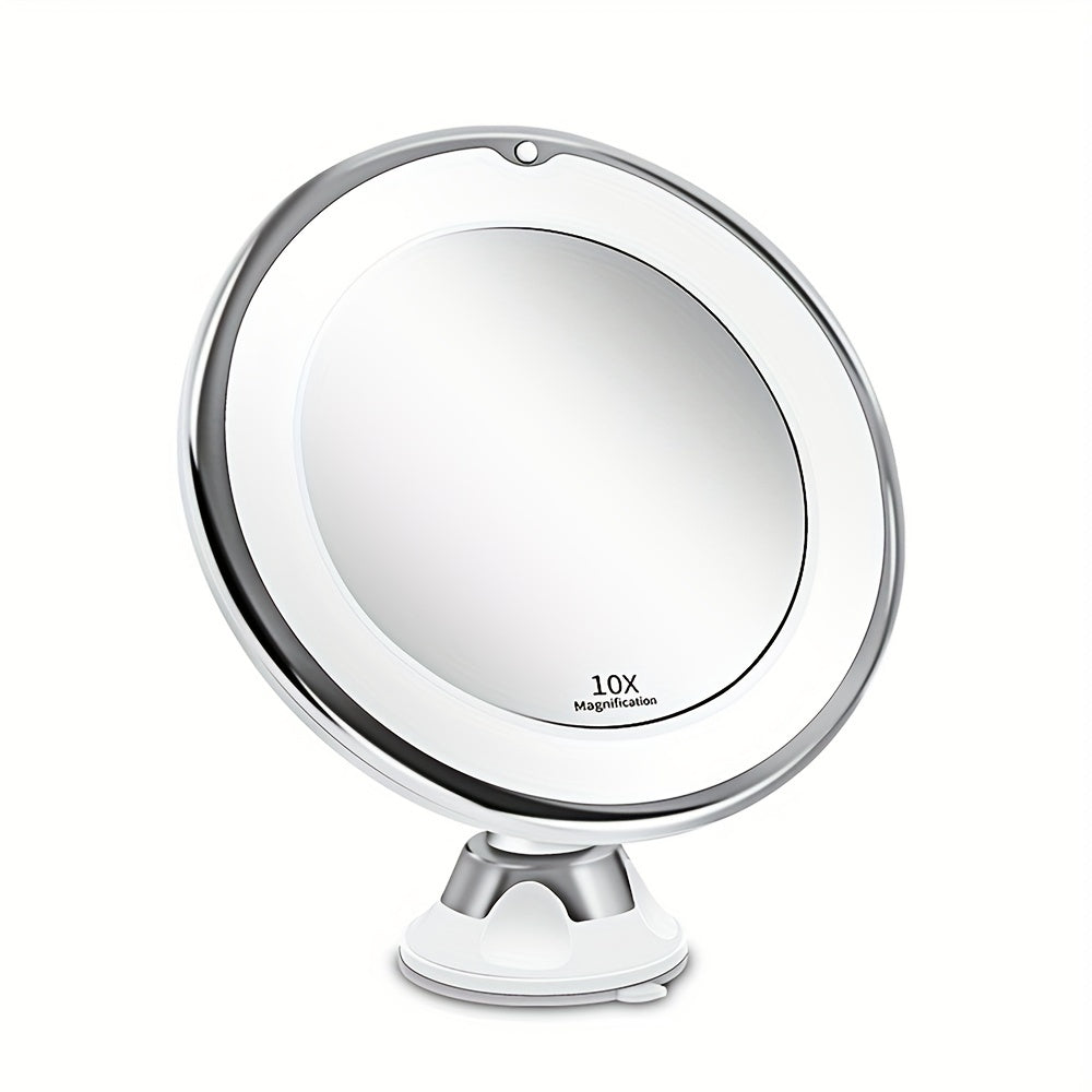 Round makeup mirror with 10x magnification on a white background
