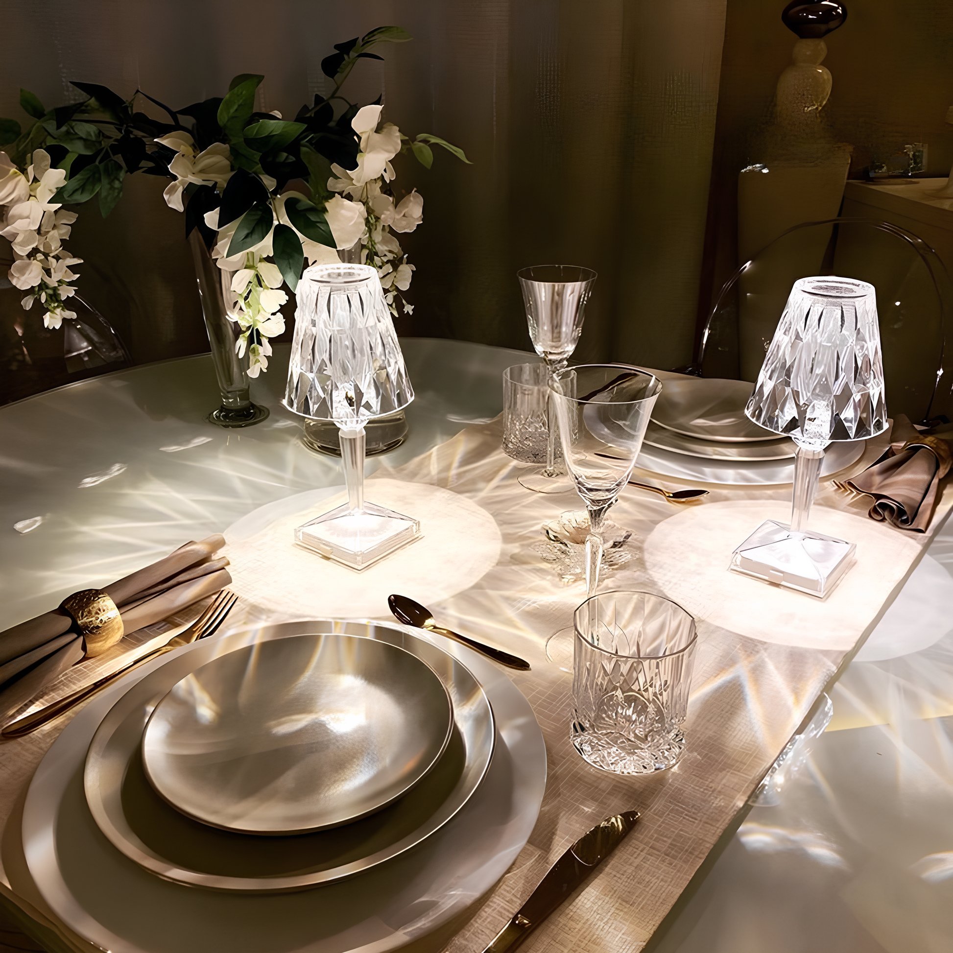 Dining table set with plates, glasses, and cutlery with a floral arrangement in the background.