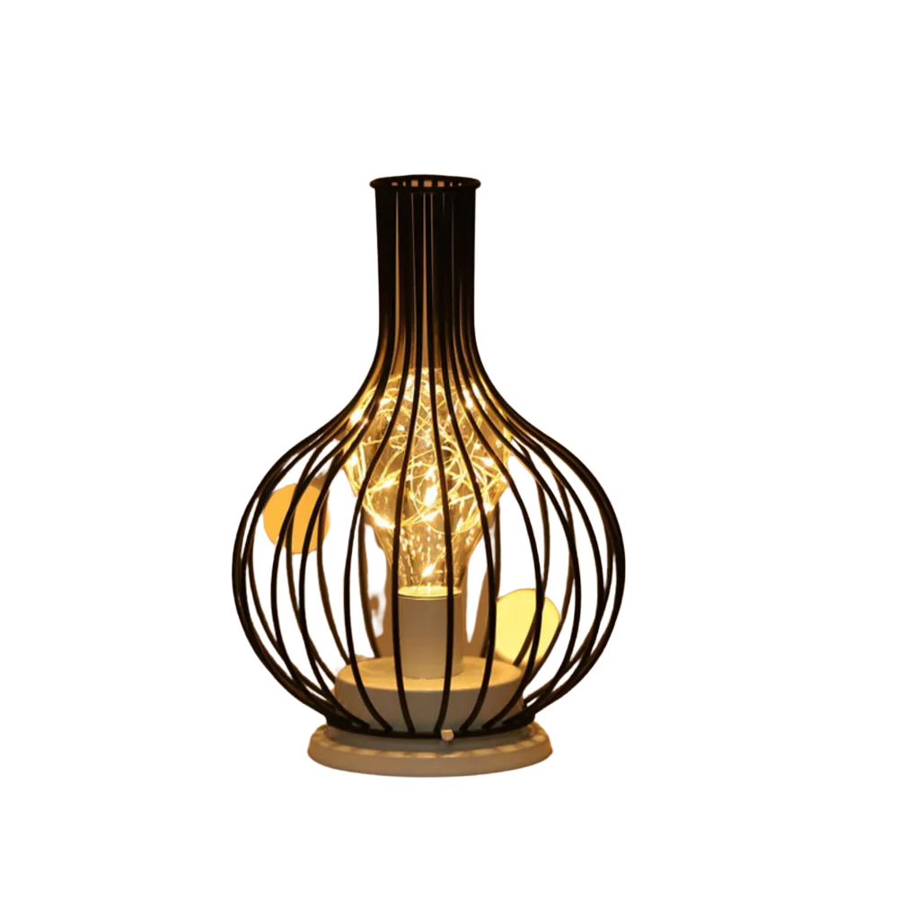 Decorative lamp with wire cage design on a white background