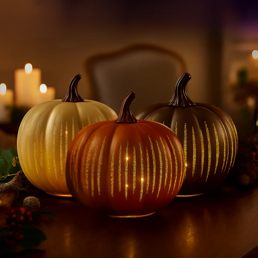 Decorative pumpkins with glowing lights on a wooden surface, blurred candles in the background