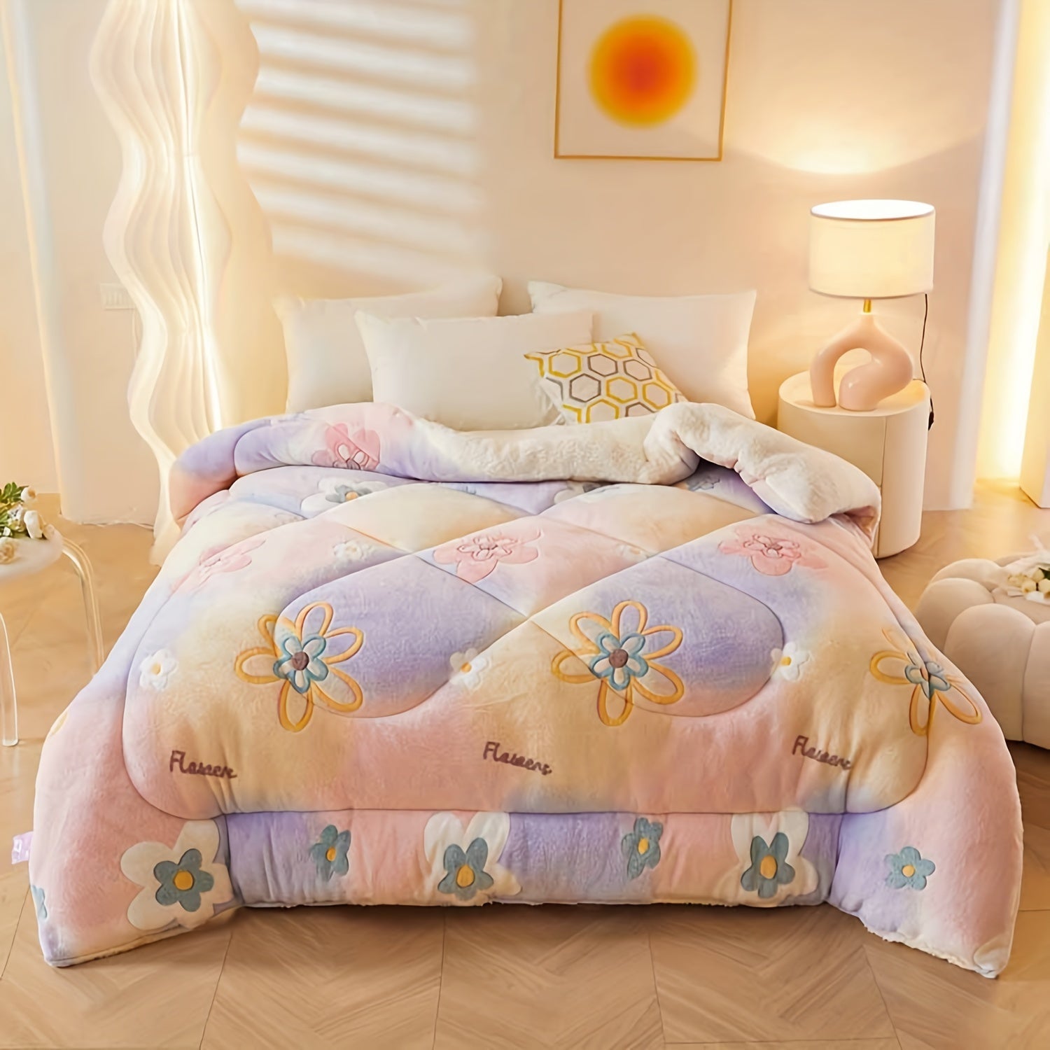 Floral patterned comforter on a bed in a bedroom setting
