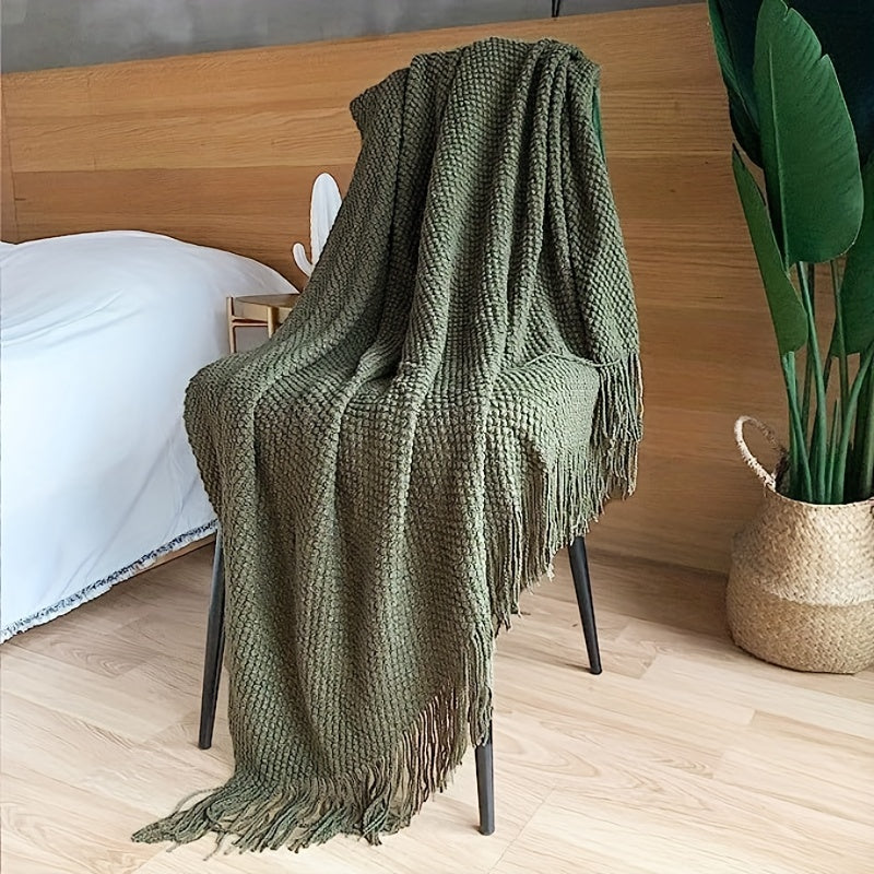 Knitted Throw Blanket with Tassels – Lightweight Bubble Texture Blanket for Sofa, Bed & Home Décor