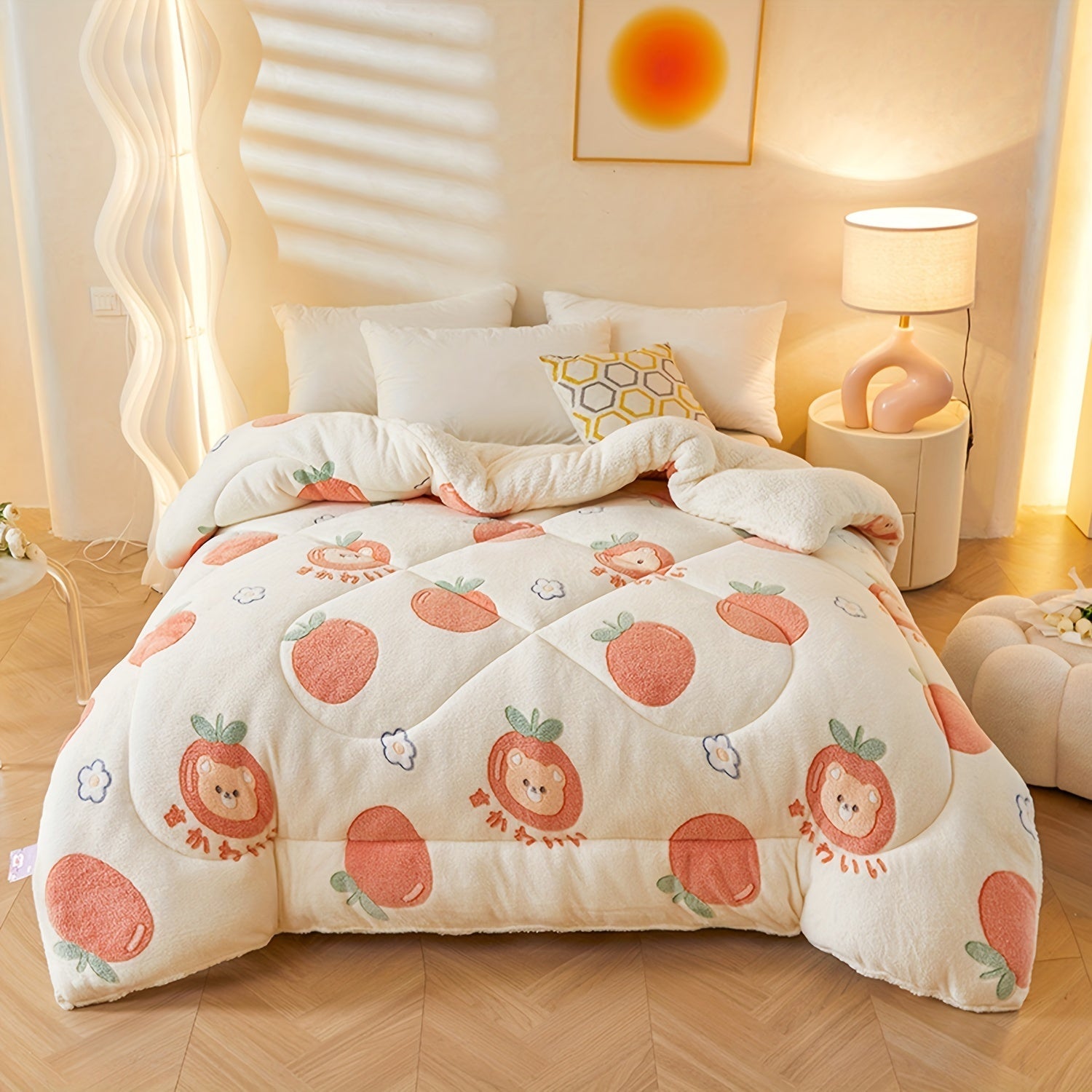 Bed with a cartoon peach patterned comforter in a cozy bedroom setting.