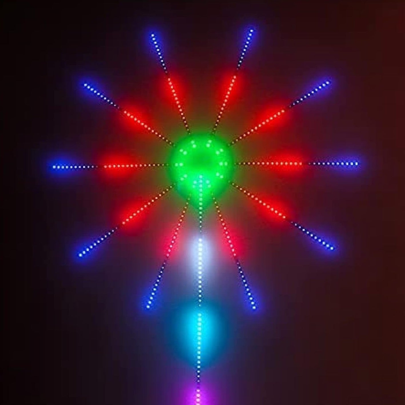 Colorful LED light display with red, blue, and green colors on a dark background