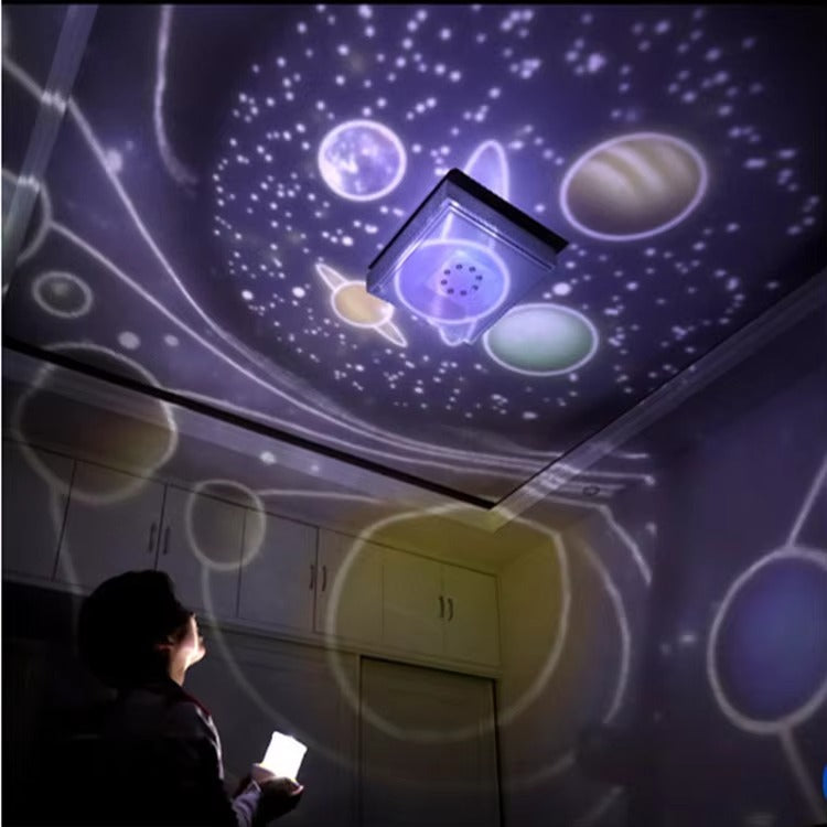 Ceiling with starry night sky projection, including planets and constellations, with a person holding a phone.